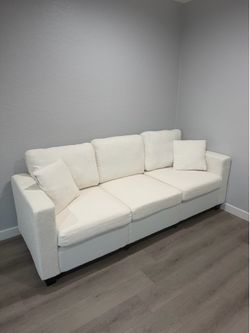White Boucle 3-Seat Sofa with Throw Pillows