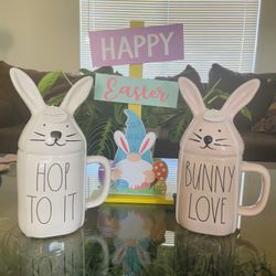 Rae Dunn “Hop to it” and “Bunny Love” mugs with topper
