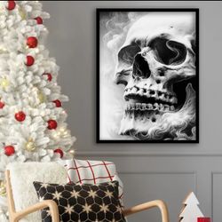 1pc Framed Skull Wall Art - Black & White Wood or Metal.Detailed Smoke Effect, Perfect for Living Room, Bedroom, Office, or Cafe Decor - Unique Holida