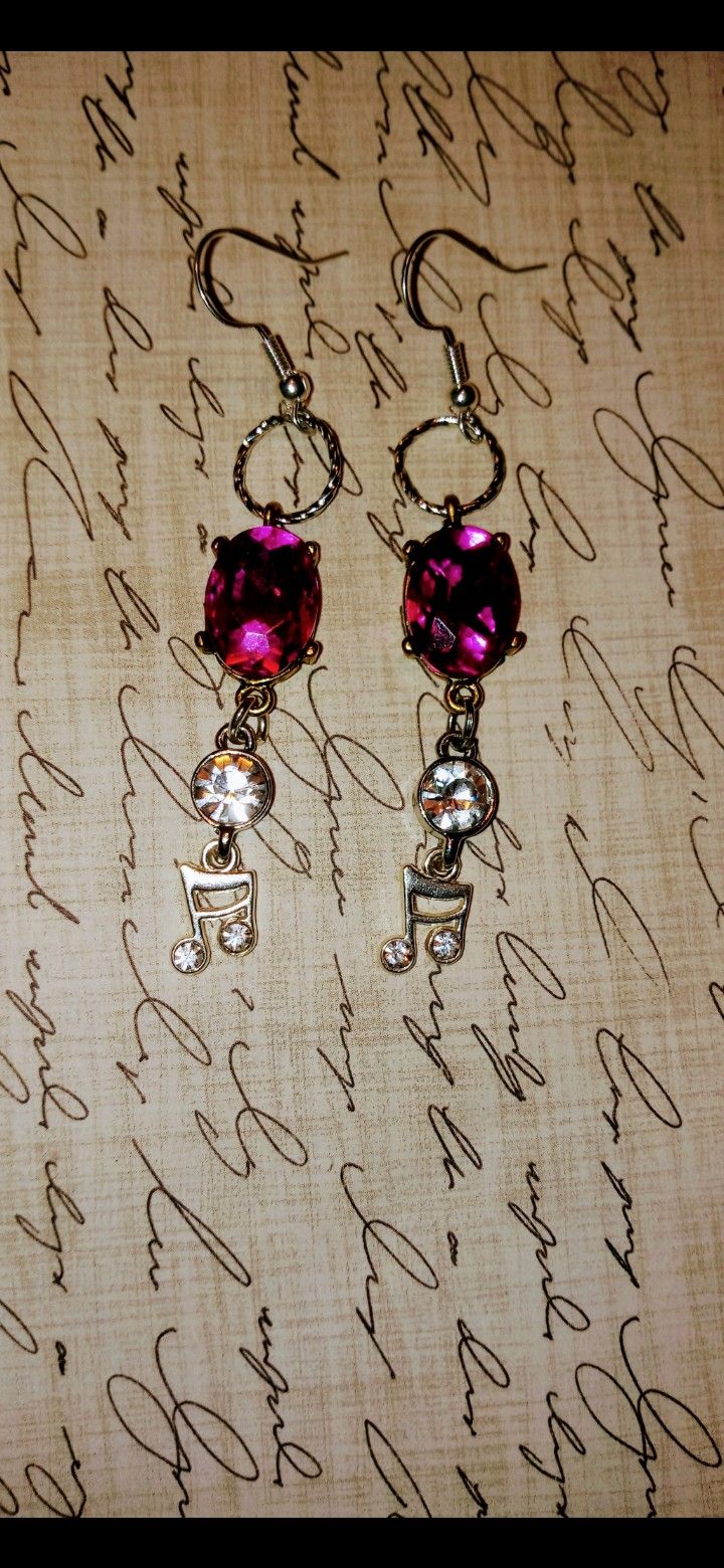 Pink and white gem with music note earrings