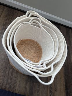 Set of 4 Boho Woven Storage Baskets (Cotton Rope & Natural Hyacinth)