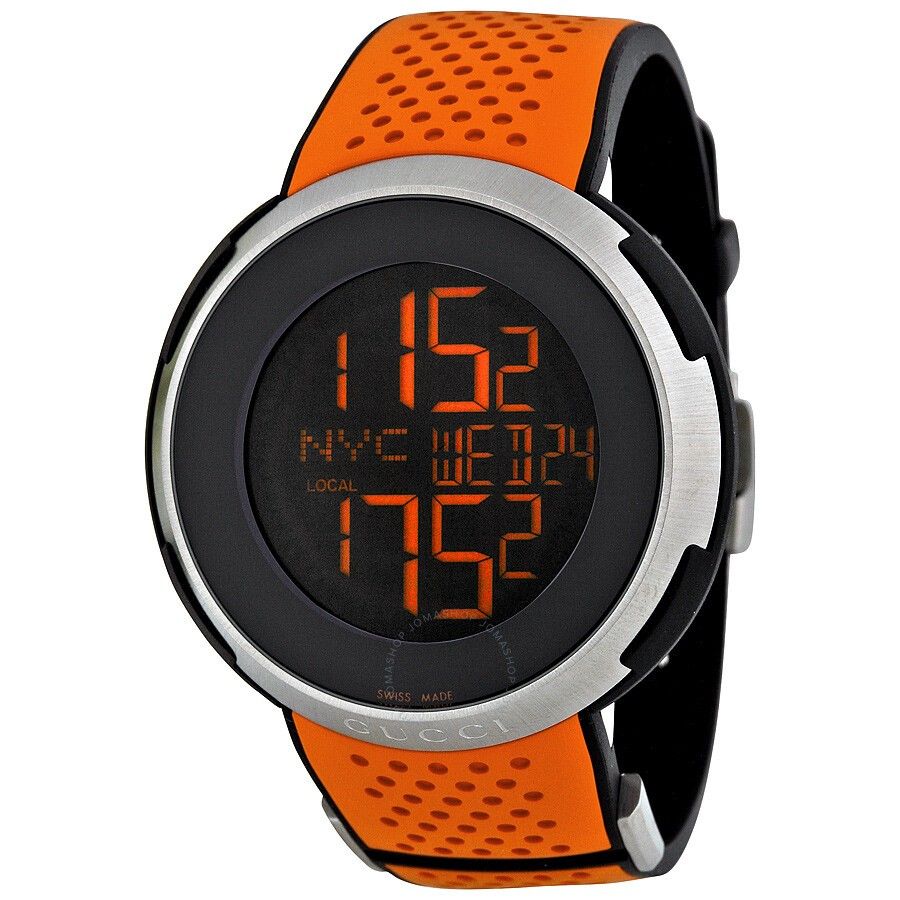 Gucci I-Gucci Sport L Digital Black Dial Men's Watch YA114104 Rare Orange Rubber Strap