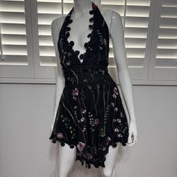 New 2xl black lace embroidered floral short dress festival rave boho cottage core gothic     Bundle deals available please check out my other items an