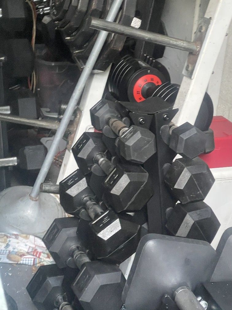 150 LBS.  OF NEW  RUBBER. DUMBBELLS  &  SMALL  DUMBBELL  RACK  (PAIRS OF)  :  25s  20s  15s  10s  5s 
