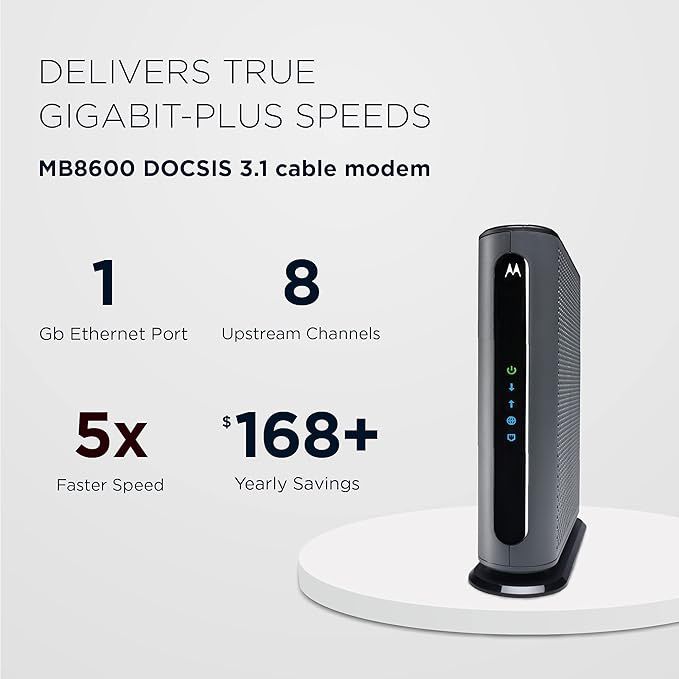 Motorola MB8600 DOCSIS 3.1 Cable Modem - 1Gbps - Works On All Major ISPs