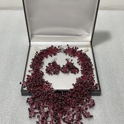 Handmade Red Statement Fringe Beaded Necklace & Earrings Set with Natural Stones