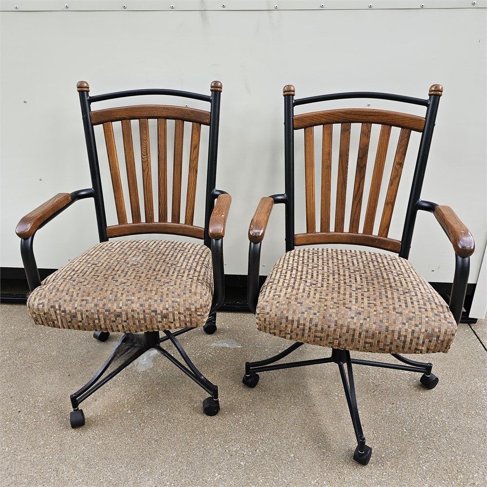 Solid Oak Wood & Metal Upholstered Rolling Swivel Chairs (4)