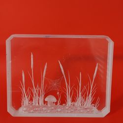 VTG Ronald Fox 78 Signed Reverse Etched Lucite Block Sculpture Spider Mushroom