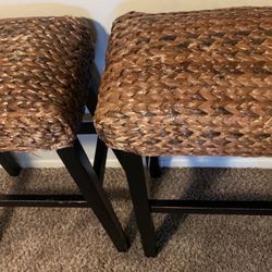 Pair Of Woven Rustic Bohemian Bar Stools 