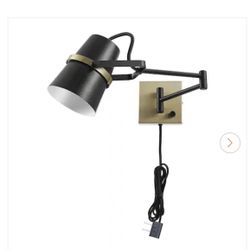 McKibbon 6in. 1-Light Black Wall Lamp Light with Plug-In/Hardwire Swing Arm and Brass Accents for Indoor Use