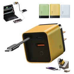 3 in 1 Charger, Retractable Phone Charger Wall Plug with Scalable 80w Max Fast Charging Module, Type C Cable and 2 USB Ports for iPhone, Phone, Laptop