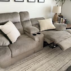2 Pieces - Electric High Back Grey/Brown Power Reclining Couch Sofa And Power Reclining Loveseat