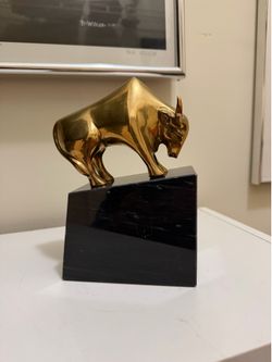 Vintage Brass Bull Bookend on Marble Base 7" Sculpture Office Desk Decor