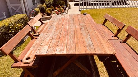 Redwood patio table and benches