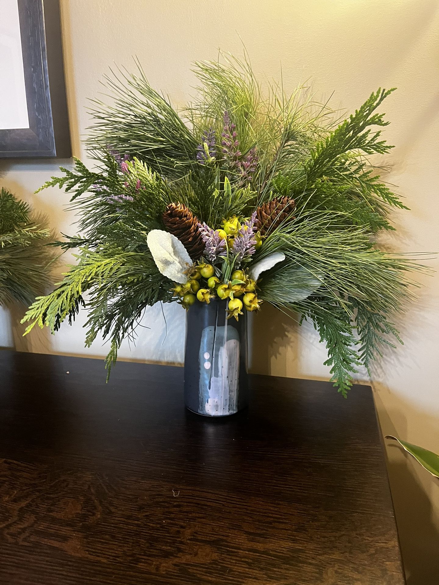 Holiday Christmas Floral Arrangement Fresh Evergreens Silk Vintage Pottery