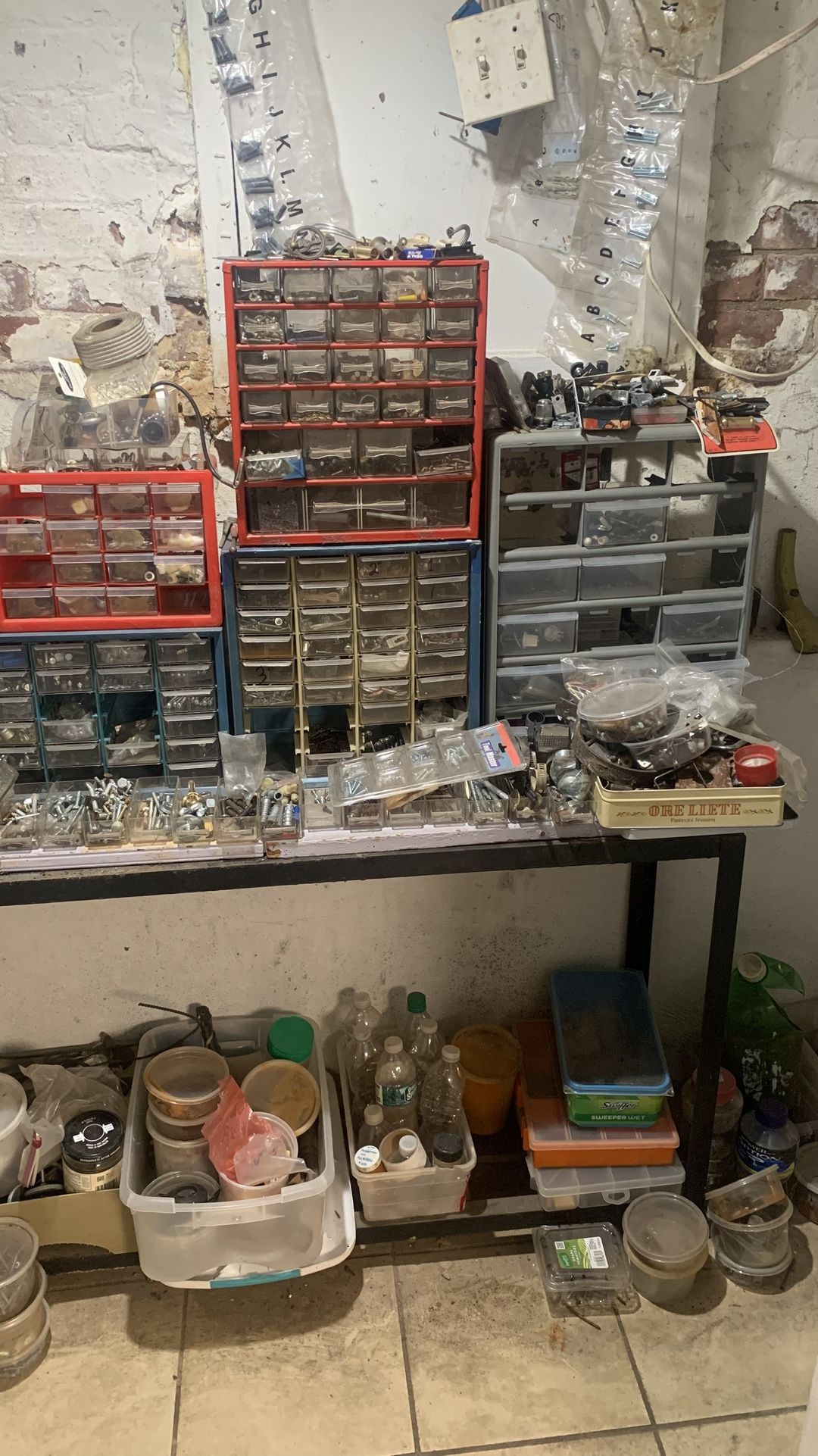 Hardware Organizer Drawers Full Of Nuts Washers Bolts Screws And Custom Made Steel Stand 