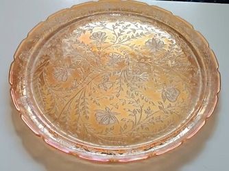 Jeannette Floragold Louisa Plate Platter Tray Iridescent Glass Etched Vintage