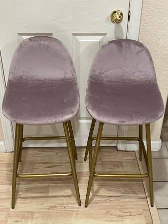 New Set of 2 Counter Height Backed Gold Pink Velvet Fabric Seat