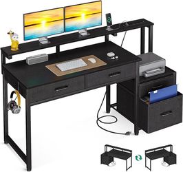 Computer Desk with 4 Drawers, 48 Inch Gaming Desk with Power Outlet, Office Desk with Monitor Shelf, Work Desk Table for Home Office, Black