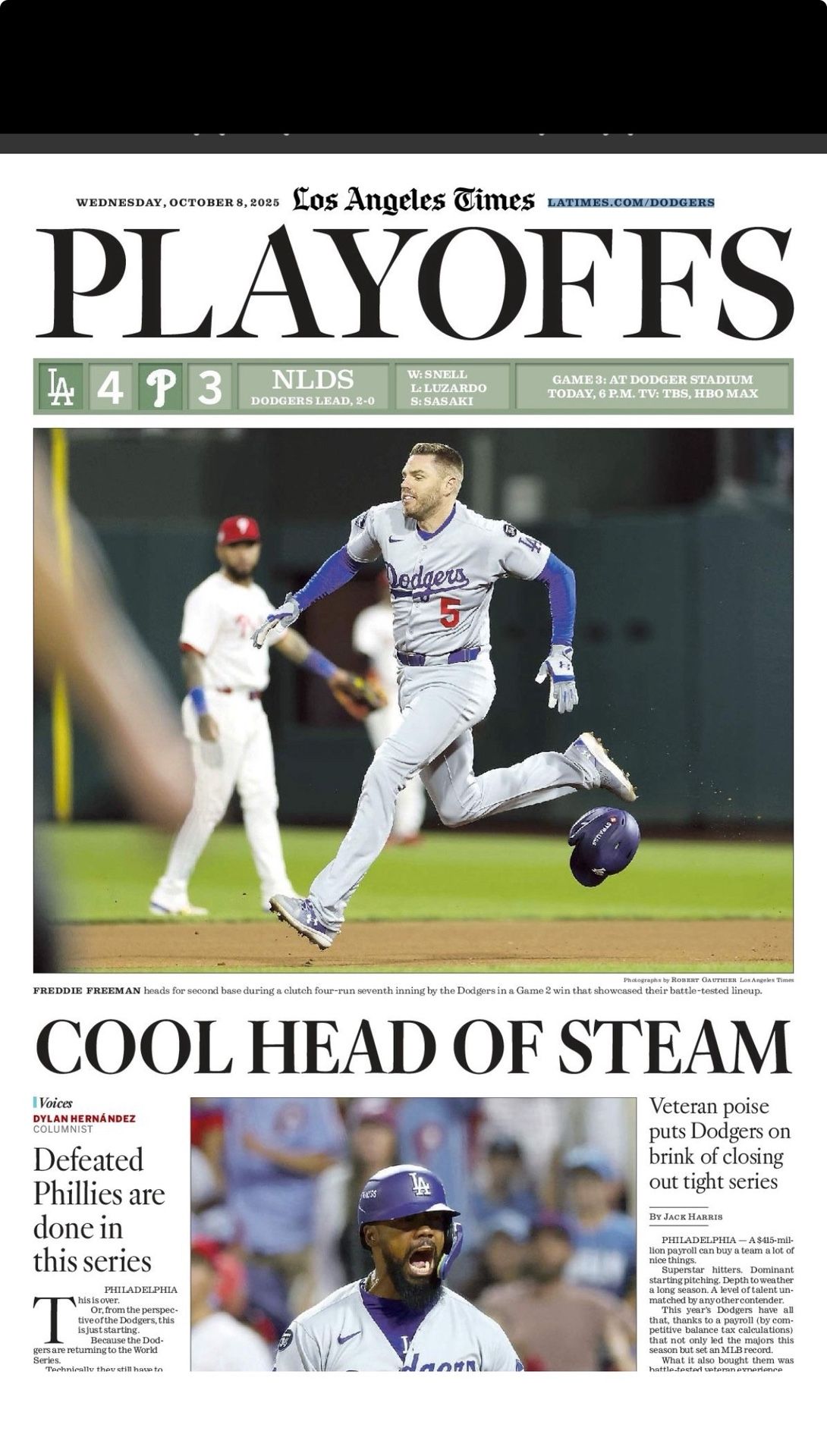 DODGERS WIN GAME 2 NLDS Los Angeles Times 10/08