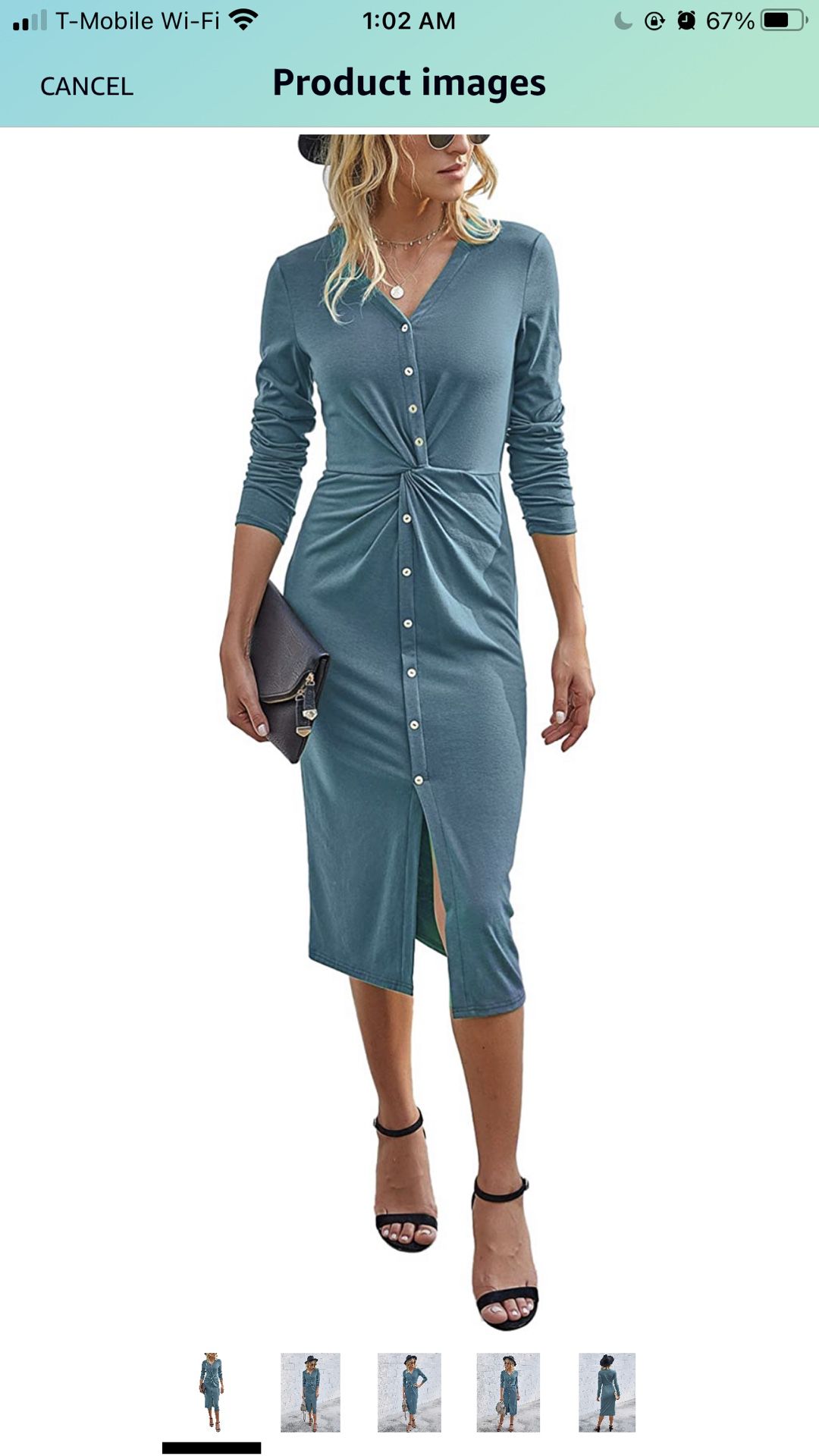 Deep V Neck Dress Long Sleeves Solid Twist Front Bodycon Dress Button Down Tunic Midi Long Dress