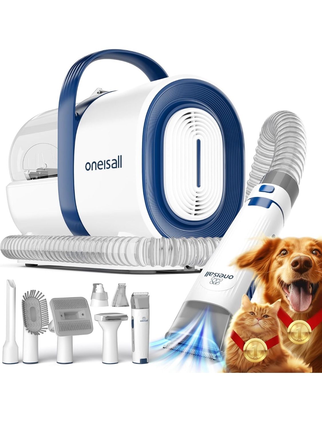 oneisall Dog Grooming Vacuum, Pet Grooming Vacuum with Clipper Nail Grinder, 1.5L Dust Cup Dog deshedding Vacuum Brush with 7 Pet Grooming Tools for S