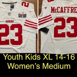 White 49ers CMC McCaffrey kids XL 14 16