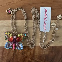 Betsey Johnson Love Fest Butterfly Necklace Multicolored Crystals Long Chain