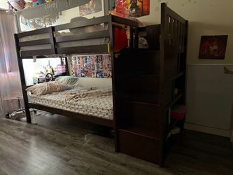 Dark Brown Wood Bunk Bed with Stairs and shelving on side