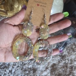 Hand Crafted Gold and Silver Dangle Resin Earrings