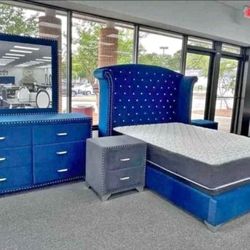 Blue Bedroom Set 4 Pcs Velvet Set New