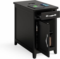 2183b  LINSY HOME End Table with Charging Station, Modern Farmhouse Wooden Side Table with Drawer, Detachable Holder, Extra Storage & Display Space, f