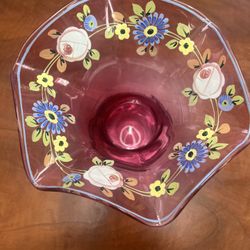 Cranberry Glass Hand Painted Ruffled Vase
