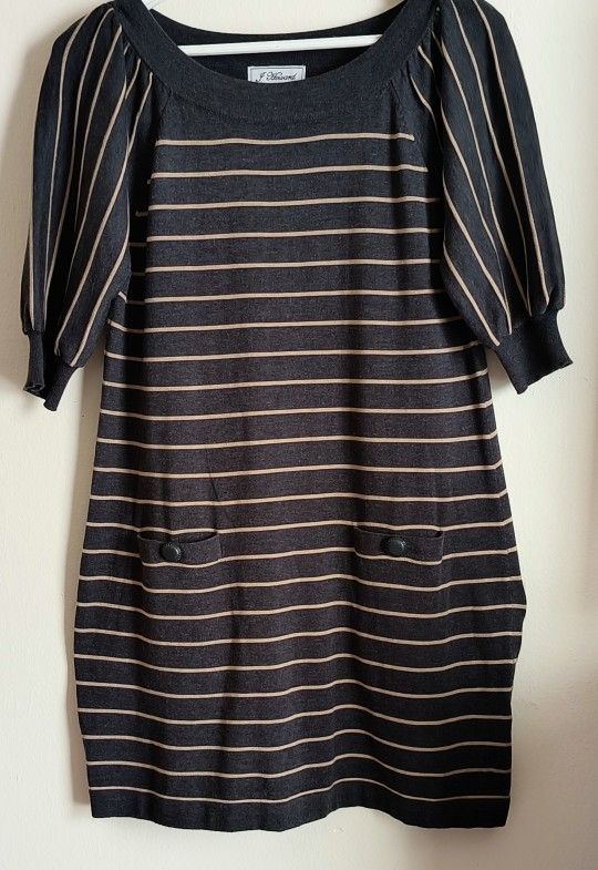 Jessica Howard Charcoal/Tan Striped Sweater Dress With Front Pockets 
