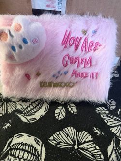Pink Faux Fur Pouch with Embroidered Slogan