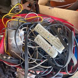 Two Xbox Remotes and box of wires