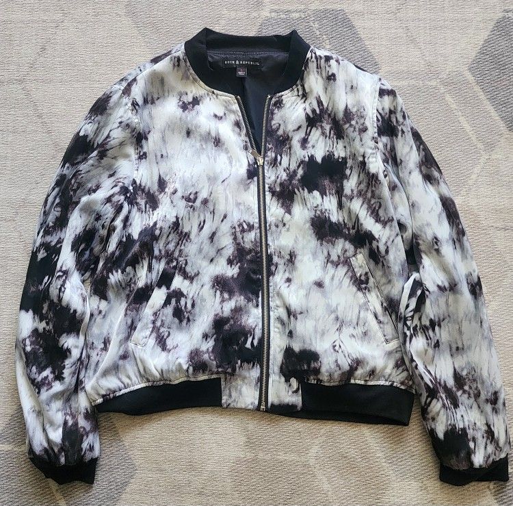 Rock & Republic Satin Bomber Jacket – Black and White Tie-Dye, Size Large