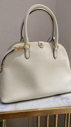 white Lauren Ralph Lauren leather dome satchel featuring gold-toned hardware and a detachable strap