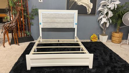Pretty White & Grey Queen Size Bedframe With LED Headboard - Delivery Available
