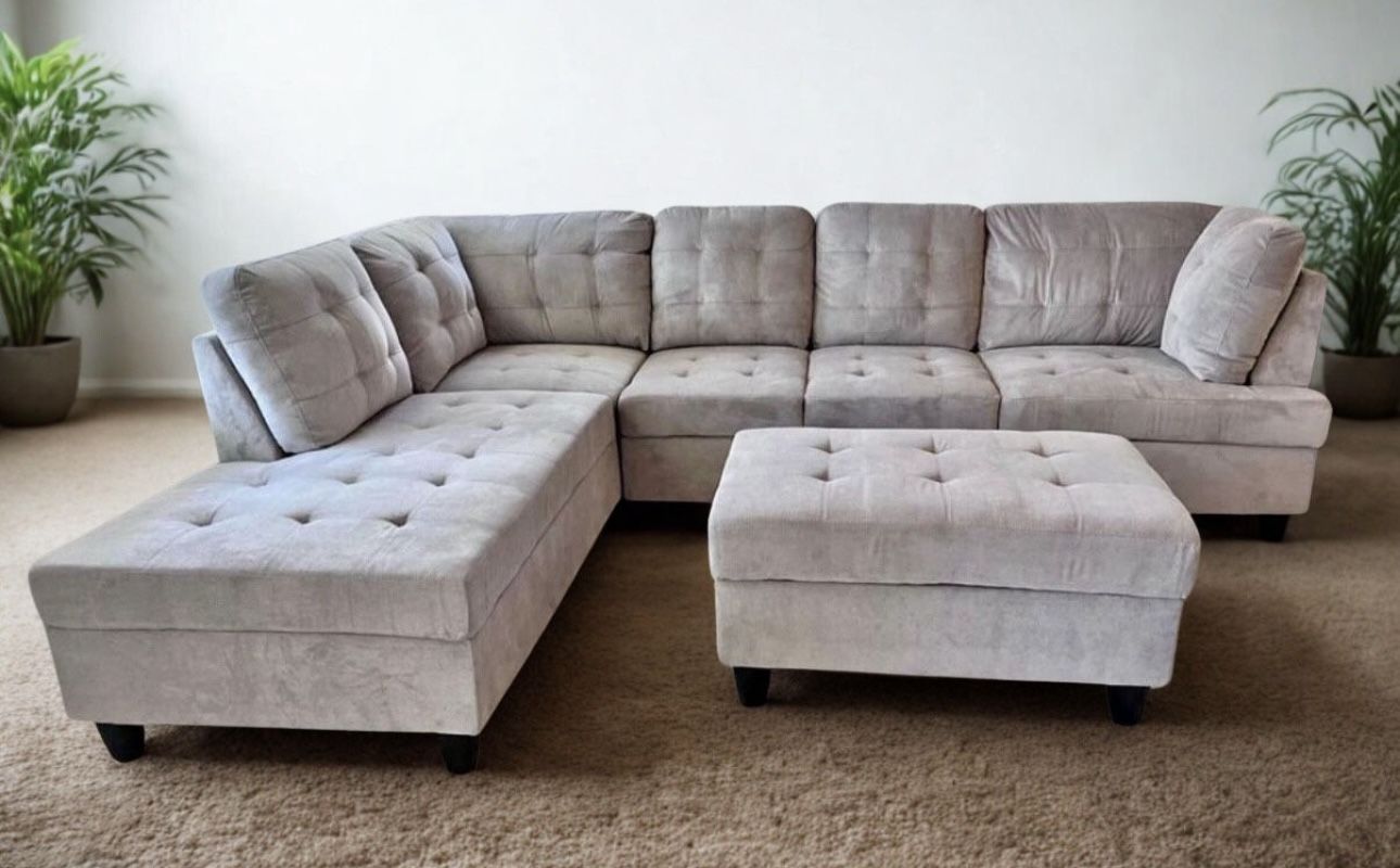 COSTCO Gray Chenille Sectional Couch And Ottoman