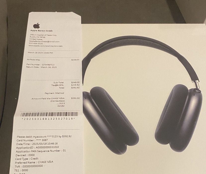 Apple Air Pod Max Comes With Receipt And Apple Bag