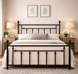 Full bed Metal Platform Bed Frame, Vintage Headboard, Black 50'' Tall Victorian Headboard/Footboard/Mattress Foundation/Under Bed Storage/No Box Sprin