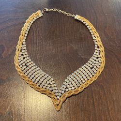 Vintage Hattie Carnegie Gold Twist Clear Rhinestone Necklace 