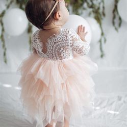 2Bunnies Girl Lace Back A-Line Tiered Blush Tutu Tulle Flower Girl Dress