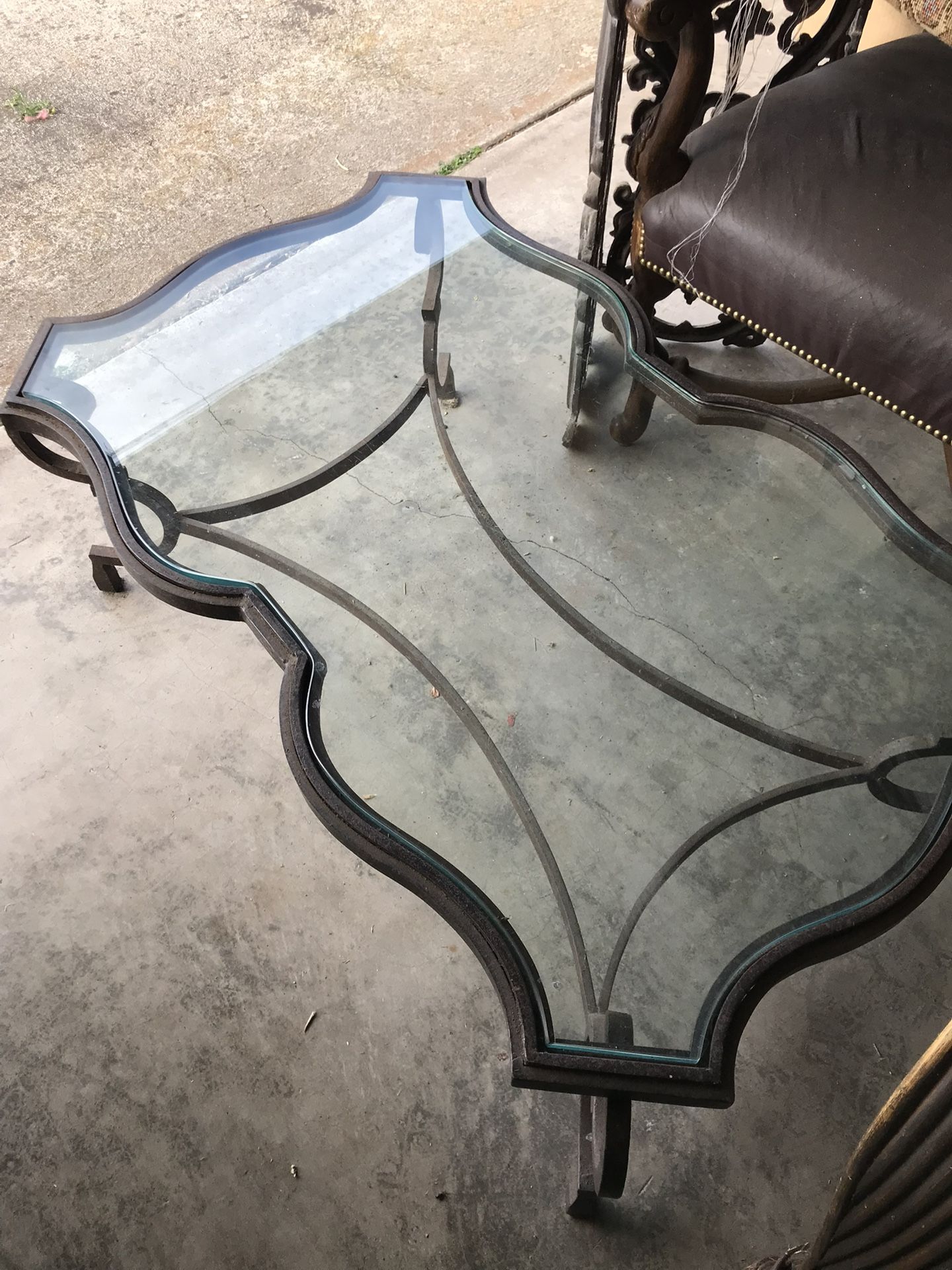 Custom Made Iron Coffee Table With Antique Finish Thick Recessed Glass