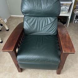 Mission Style Green Leather Reclining Chair 