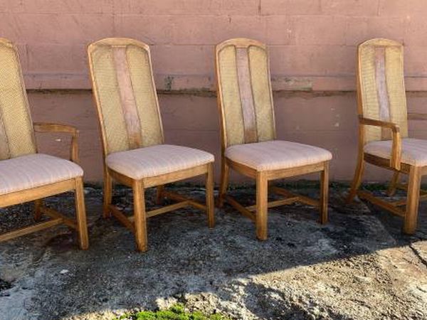 Mid Century Modern Caned Back Burled Wood Dining Chairs