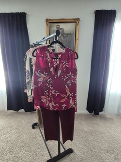 Burgundy Floral Sleeveless Blouse and Pants Set