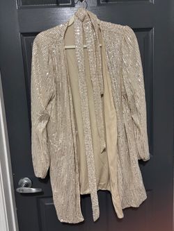Champagne Sequin Open-Front Jacket with Tie