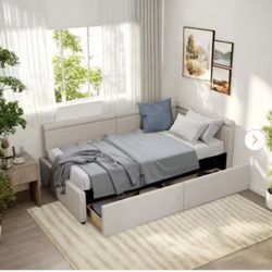 Sherwin Beige Linen Upholstered Twin Size Daybed with 2 Storage Drawers